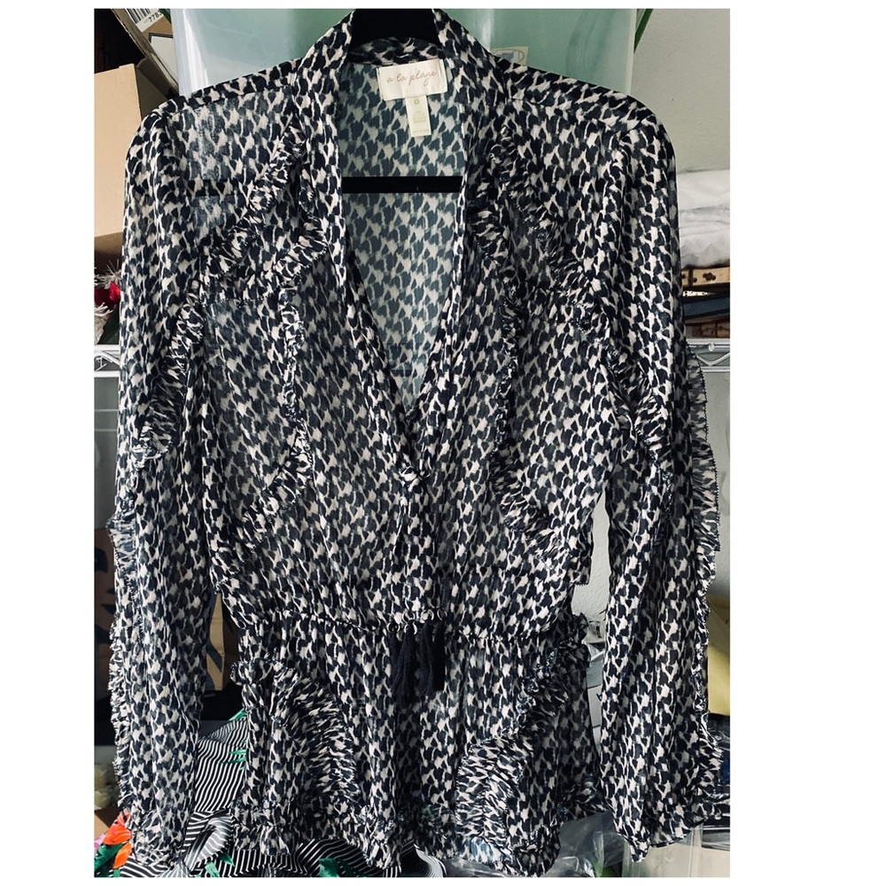 LA PLAGE - Semi-Sheer Leopard Print Tassel Blouse Size Medium